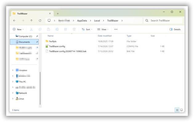 File Explorer showing TrailBlazer.config and backup file