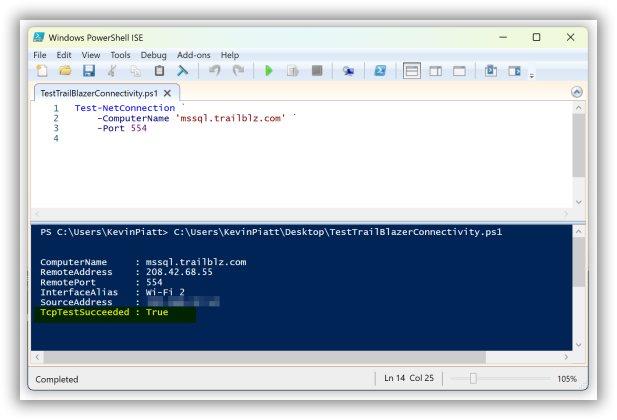 Windows PowerShell ISE showing Test-NetConnection success